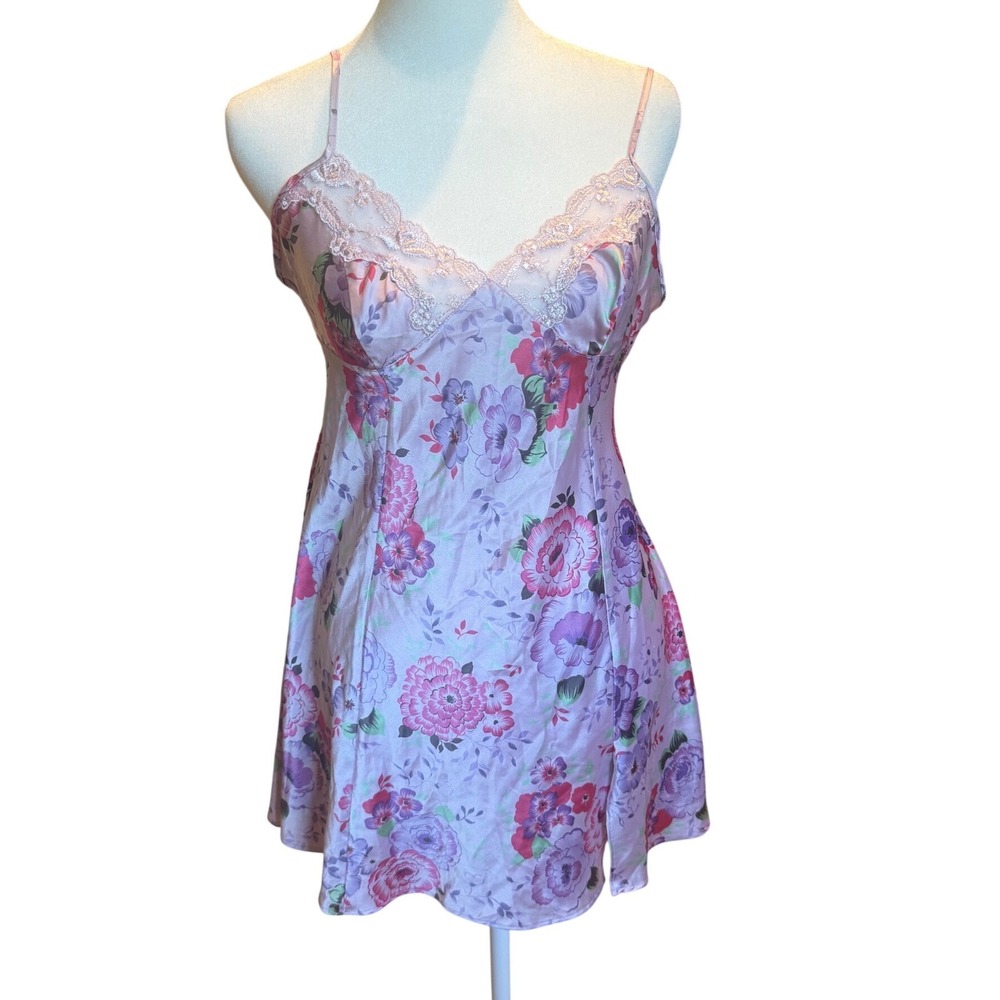 Victorias Secret Purple Floral Satin Lace Trim Slip Dress Chemise Medium - Picture 1 of 9
